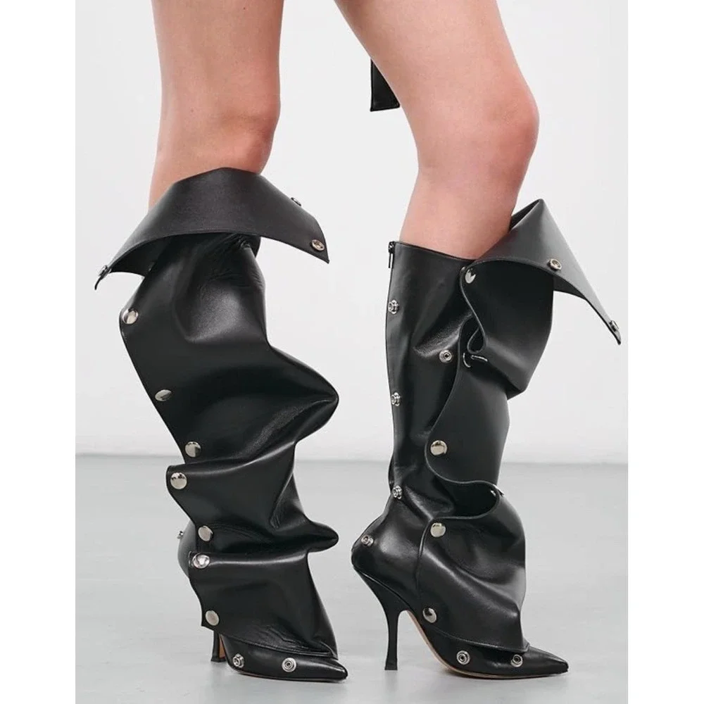 Boots Knee High Women's 9.5 Black Detachable‎ Front Panel 2-Way Stiletto Pointy